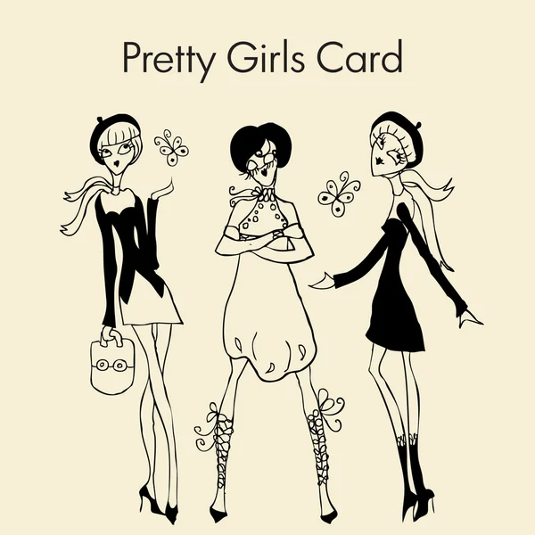 Pretty cartoon girls silhouette card fashion students doodley — Stock Photo, Image
