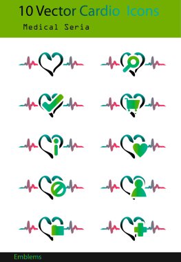 Cardio Icons Emblem Medical buttons set with heart and he clipart