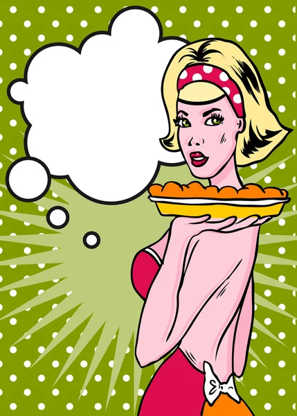 Lady With Pie Retro Popart Style Household advertise A Real Cuti — Stock Photo, Image