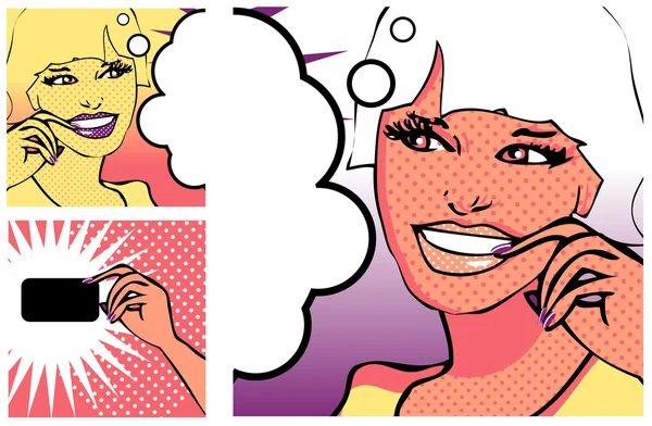 Comics style girl and Hand with a card (raster version) — Stock Photo, Image