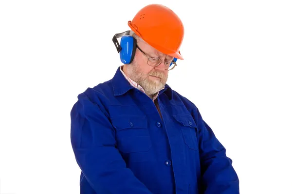 Trabalhador com protetor auditivo — Fotografia de Stock