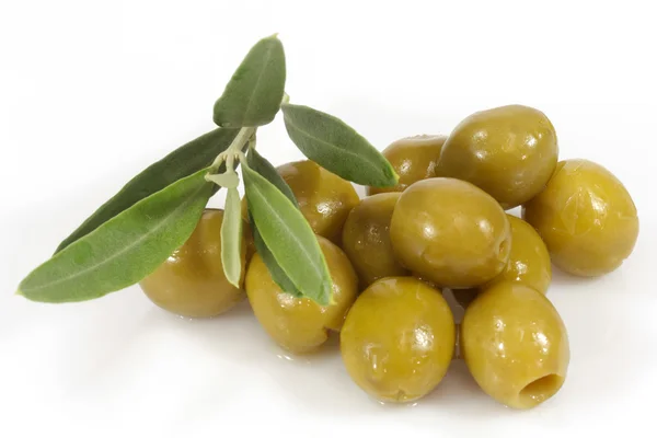 Groene olijven en tak — Stockfoto