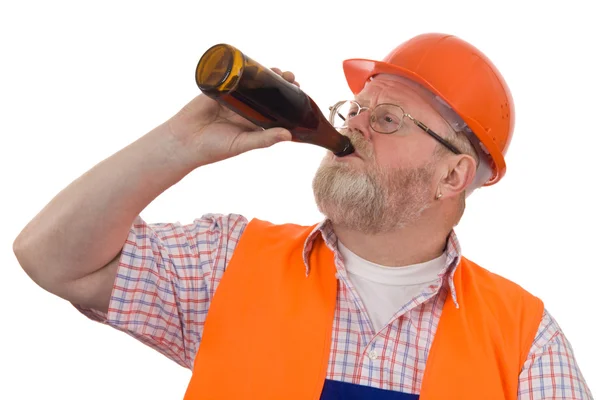 Construction worker drinking beer — Stock Photo, Image