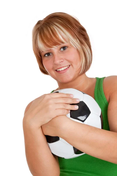 Mulher com bola de futebol — Fotografia de Stock