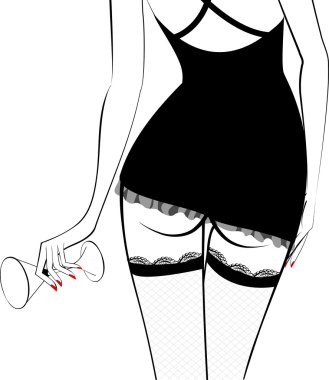 Sexy girl in black dress with glass clipart