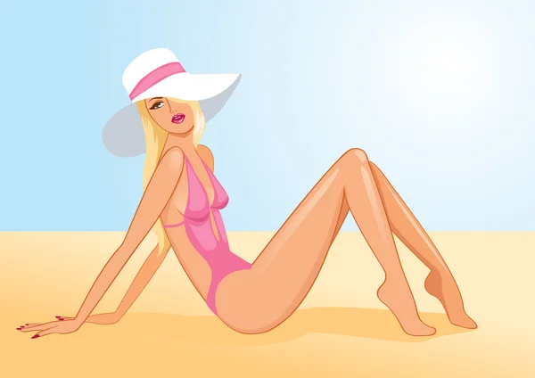 Menina bonita banhos de sol na praia — Vetor de Stock