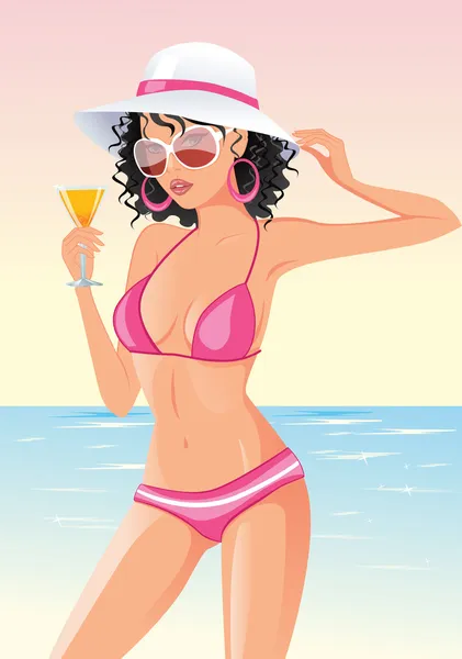 Mujer bronceada en sombrero y bikini — Vector de stock