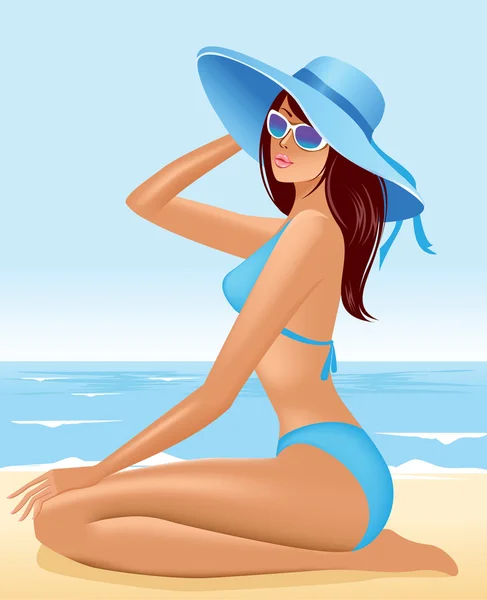 Hermosa chica sentada en sombrero en la playa del mar — Vector de stock