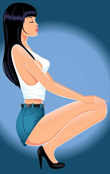 Beautiful girl in jeans shorts sitting — Stock Vector