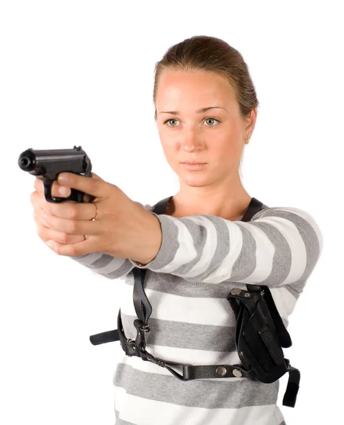 stock image Girl with a weapon, aiming at a target