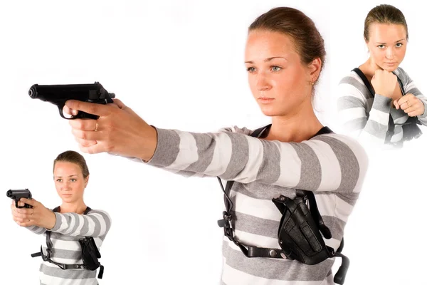 女孩用的武器，瞄准一个目标 — 图库照片