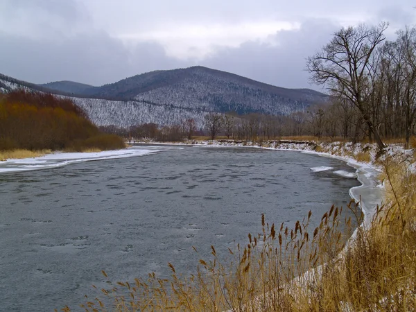 Taiga rivier in het begin van de winter — Stockfoto