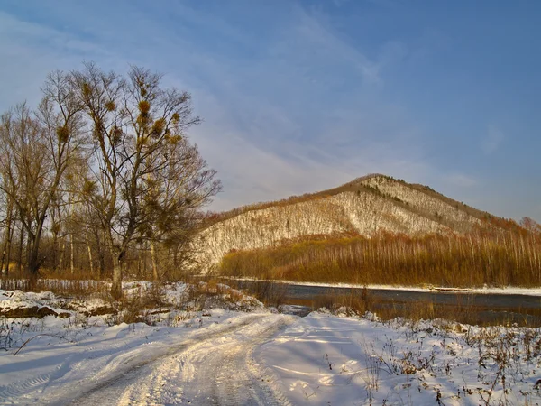 Winter evening on river bank — Stock Photo, Image