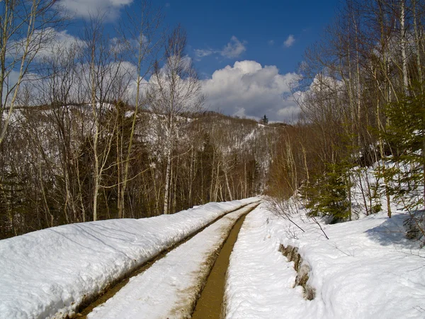 Sciogliere la neve sulla strada di montagna — Foto Stock