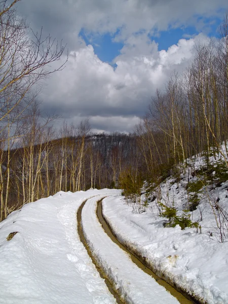 Descongelamento da neve na estrada da montanha — Fotografia de Stock