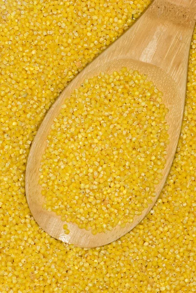 Wooden spoon with uncooked millet — Stock Photo, Image