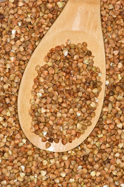Wooden spoon with uncooked buckwheat — Stock Photo, Image