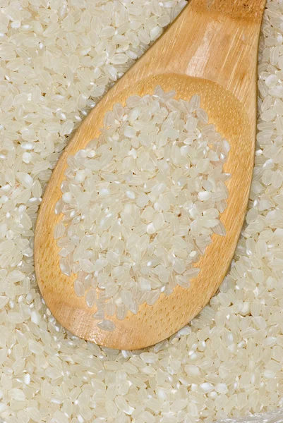 Wooden spoon with uncooked polished rice — Stock Photo, Image
