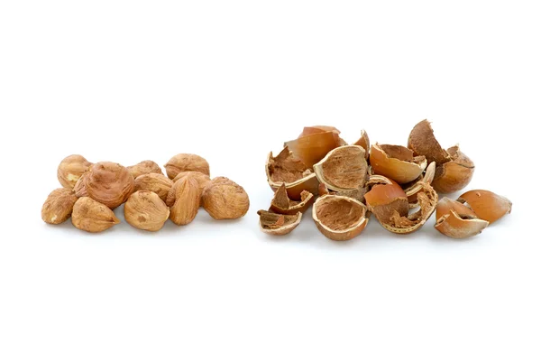 Pile of shelled hazelnuts and shells — Stock Photo, Image