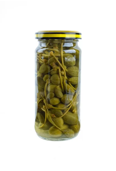 Glass jar with marinated capers fruits — Stock Photo, Image