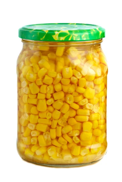 Glass jar with marinated corn grains — Stock Photo, Image