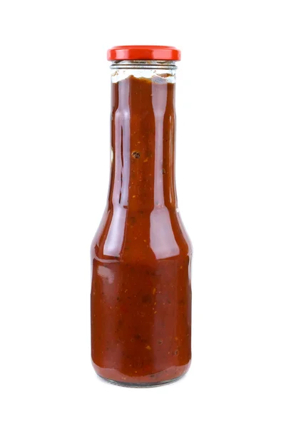 Fles met pikante tomatenketchup — Stockfoto