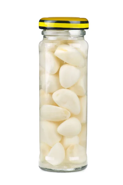 Glass jar with marinated garlic cloves — Stock Photo, Image