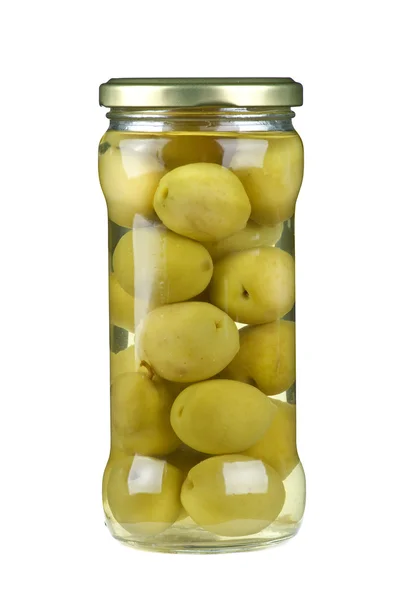 Glass jar with marinated giant olives — Stock Photo, Image