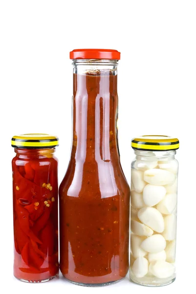 Jars with marinated piquant vegetables — Stock Photo, Image