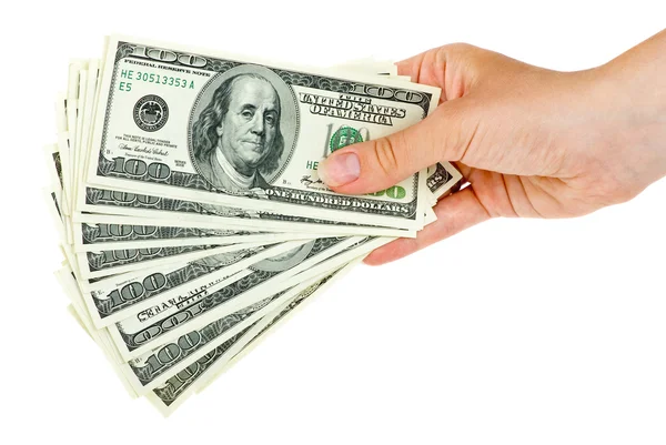 Mão segura um monte de notas de US $100 — Fotografia de Stock