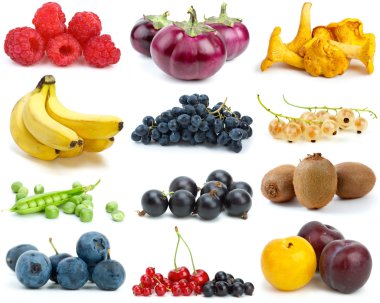 Set of fruits, berries, vegetables and mushrooms of different colours clipart
