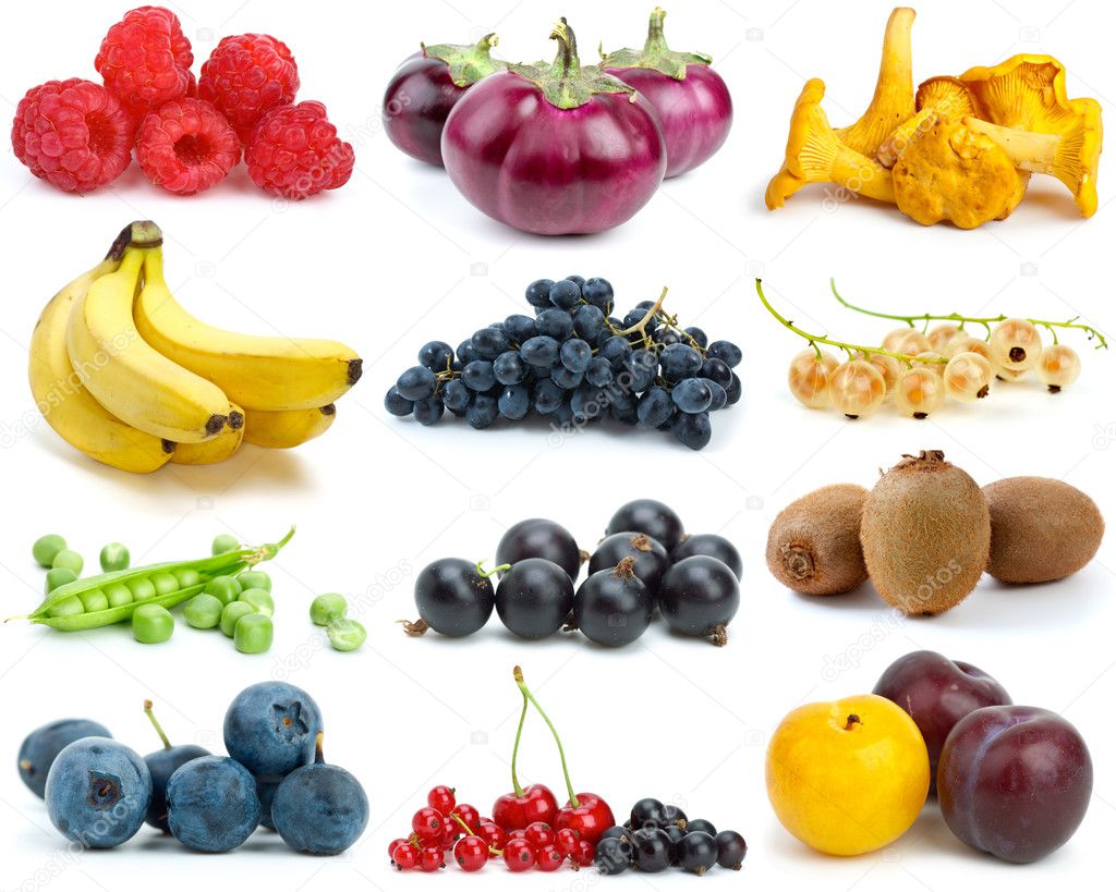 Set of fruits, berries, vegetables and mushrooms of different colours