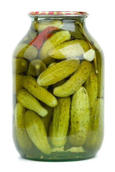 Big glass jar with home-made marinated cucumbers — Stock Photo, Image