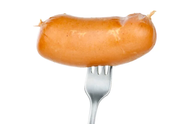 Sausage on fork isolated on the white background — Stock Photo, Image