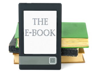 Modern ebook reader and old paper books clipart