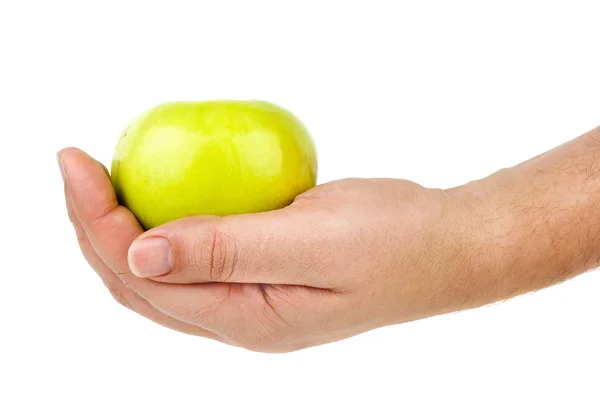 Zöld alma a kézben — Stock Fotó