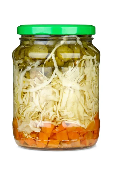 Vegetable assortment marinated in glass jar — Stock Photo, Image