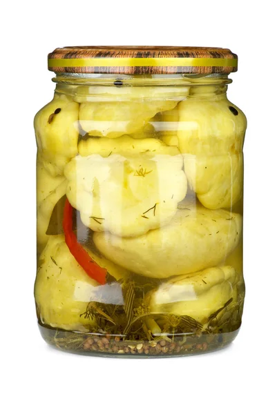Cymblings conserved in glass jar — Stock Photo, Image