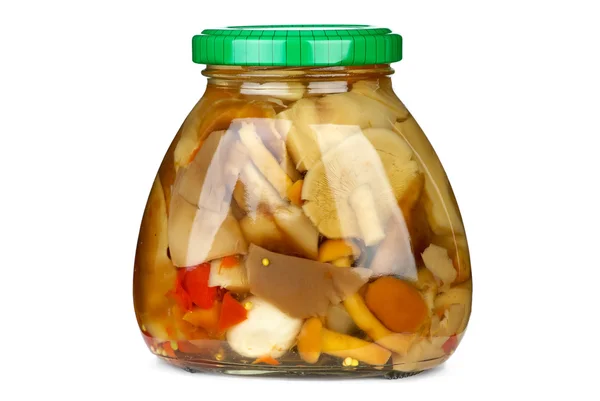 Mushroom assortment conserved in glass jar — Stock Photo, Image