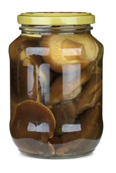 Shiitake mushrooms conserved in glass jar — Stock Photo, Image