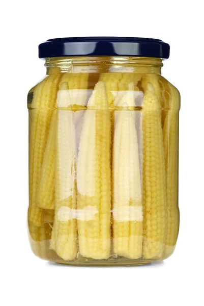 Small corn ears conserved in glass jar — Stock Photo, Image