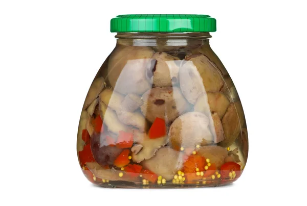 Glass jar with marinated suillus mushrooms — Stock Photo, Image