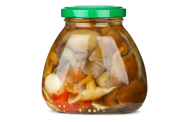 Pot en verre avec assortiment de champignons — Photo