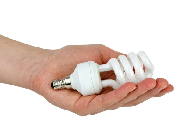 Hand holding compact spiral-shaped fluorescent lamp in hand — Stock Photo, Image