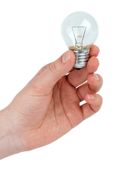 Small tungsten light bulb in hand Royalty Free Stock Images