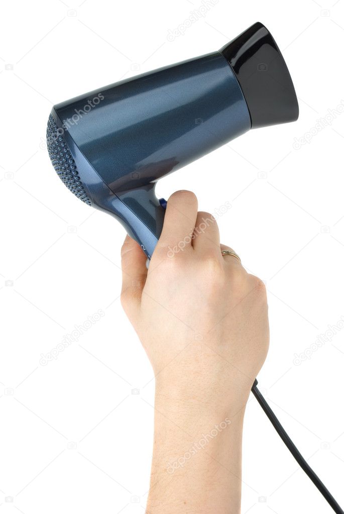 Compact blue hairdryer in hand