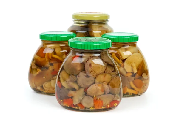 Four glass jars with marinated mushrooms — Stock Photo, Image