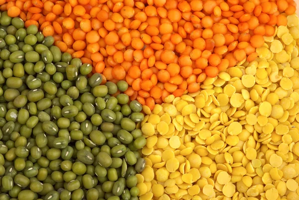 黄色的拆分，红色的"足球"小扁豆和绿豆 — 图库照片