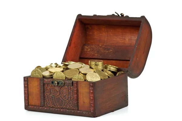 stock image Old wooden chest with golden coins