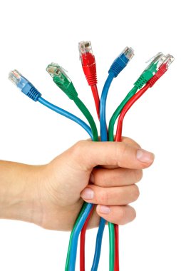 Bunch of different colored patch-cords gripped in fist clipart